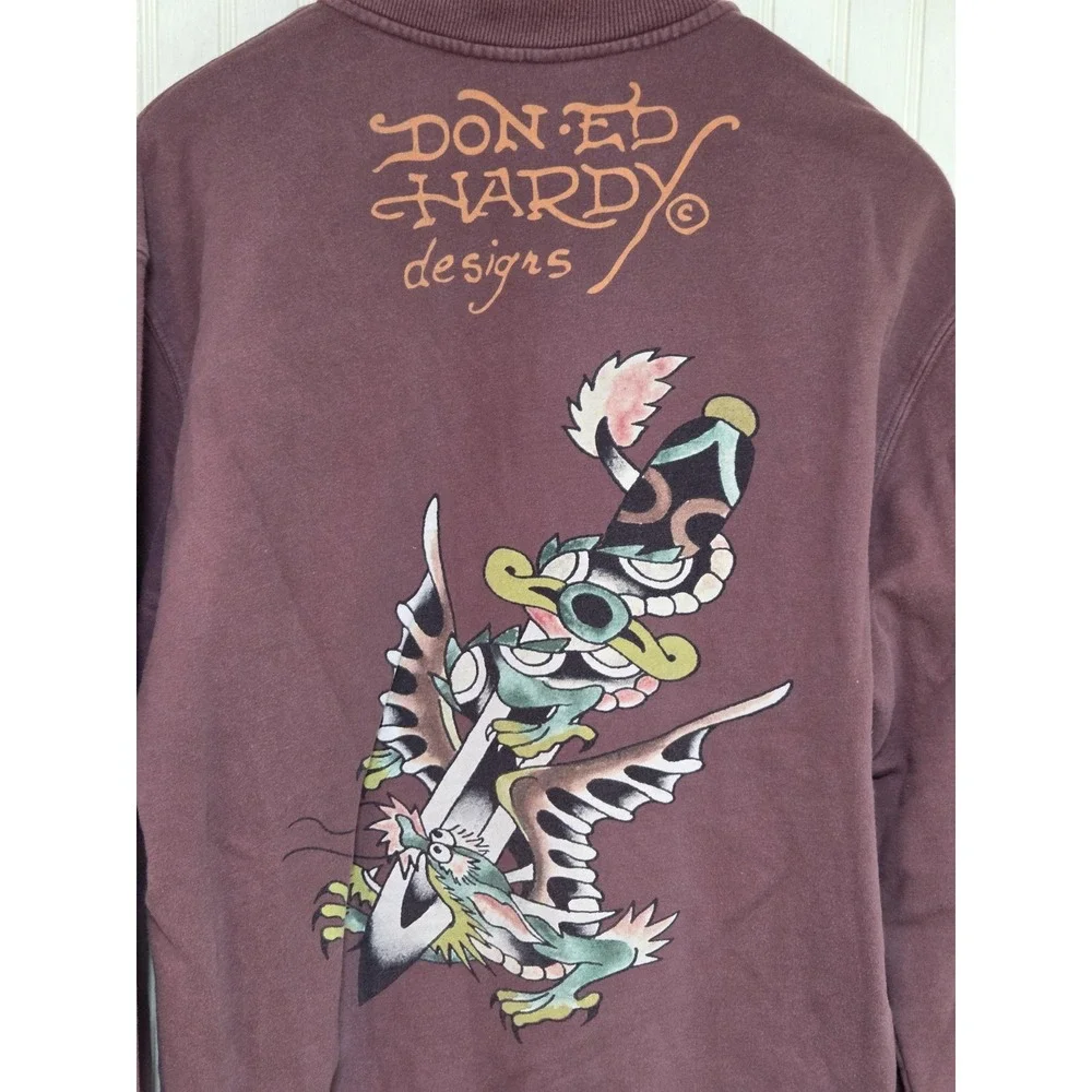 Ed Hardy Sweatshirt Mens XL Brown Full Zip Fleece New York City Tattoo Graphic - Picture 4 of 13